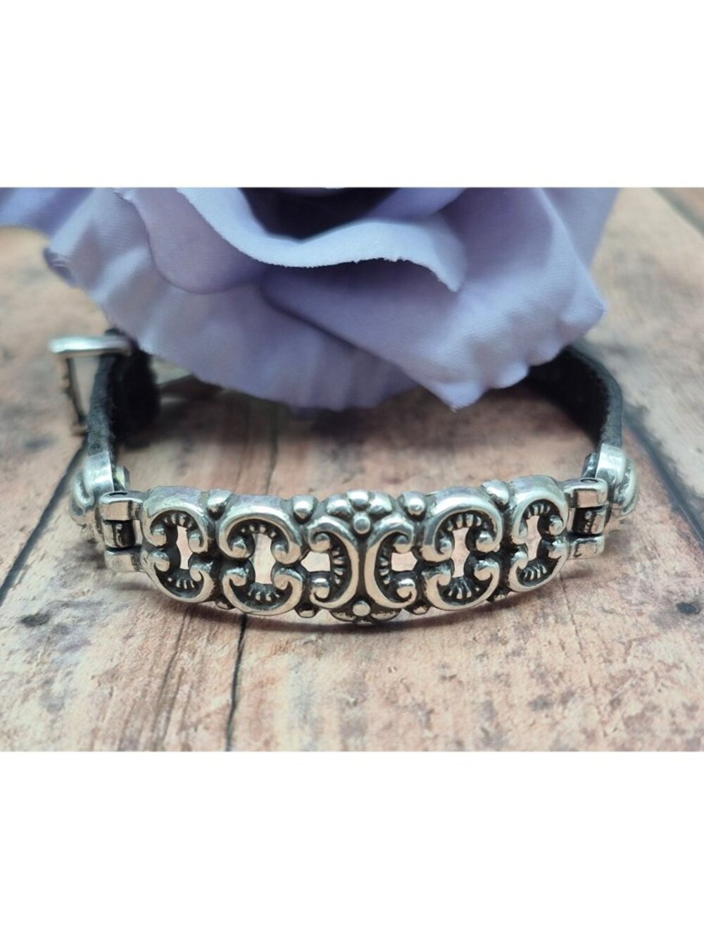 VTG 80's Brighton Black Leather Silver Plated Scroll Bracelet 9" Buckle Clasp